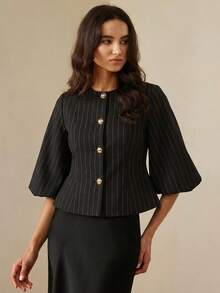 Aveloria Rosie Elegant French Retro Romantic Luxury High-End Design Herringbone Round Neck 3/4 Petal Sleeve Cinched Waist Slim Metal Button Women's Blazer - Black - View 5