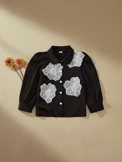 SHEIN Young Girl Floral Decor Petal Sleeve Blouse