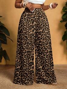 Veslaya 2026春夏新款休闲日常穿着及海滩篝火派对宽松大码女式长裤，饰有彩色豹纹元素 - 棕色 - 查看 1