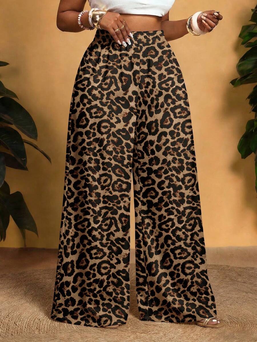 Veslaya 2026春夏新款休闲日常穿着及海滩篝火派对宽松大码女式长裤，饰有彩色豹纹元素 - 棕色 - 查看 1