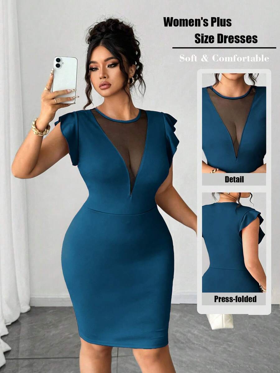 SHEIN Tall CURVE A Plus-Size Knitted Summer Fashionable And Elegant Dress - Teal Blue - View 1