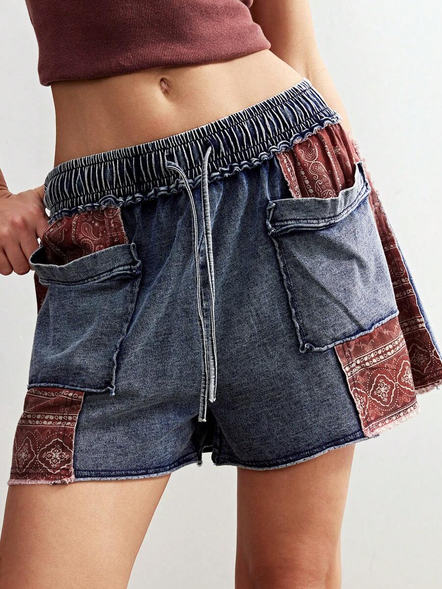 Bohemela 女士休闲针织拼接宽松阔腿水洗短裤 - 藍色 - 查看 1