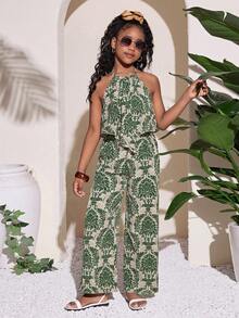 少女休闲度假绿色黄色复古印花露背露脐上衣和直筒裤两件套 - 綠色 - 查看 5