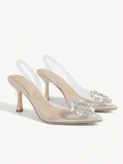 CUCCOO CHICEST Woman Shoes Elegant Rhinestone Decor Point Toe Clear Heeled Slingback Pumps For Summer Graduation Heels Prom Heels Vacation Shoes Summer Elegant Heels Back To School Shoes College Student Shoes Spring Shoes Spring Break Easter For Christmas Valentine's Day Wedding Shoes