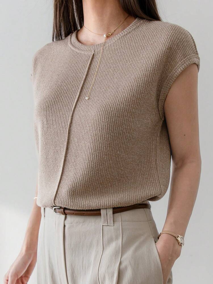 Tall Women's Elongated Round Neck Short Sleeve Knit Ribbed Vest Top With Elegant Split Design