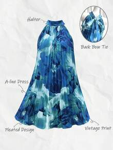 Chiquease Women's Floral Printed Pleated Halter Neck Vacation Dress Vacation Beach Outfit Ocean Dress Blue Skirts For Women Blue Sundresses For Women Blue Spring Dress Blue Flower Dress - Blue - View 3