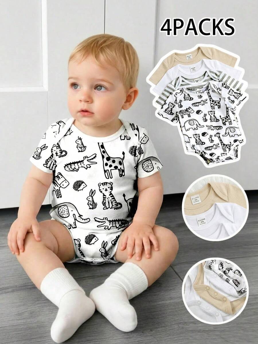 4pcs/Set Cute Knitted Cartoon Giraffe, Rabbit, Tiger, Crocodile Pattern Elastic Striped Short Sleeve Bodysuits, Basic Rompers Multi-Pack For Baby Boys And Girls,Kids - Multicolor - View 1