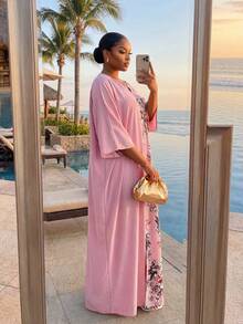 SHEIN Lady CURVE  Plus Size V-Neck Long Sleeve Solid Color Pink Flowers Patchwork Loose Casual Dress, Summer - Pink - View 2