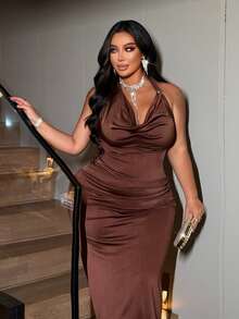 NU&NOW Women's Plus Size Chocolate Brown Summer Elegant Mermaid Maxi Dress, Draped Neck Ruched Halter Tie Glossy Formal Evening Gown, Prom Outfits - Brown - View 6