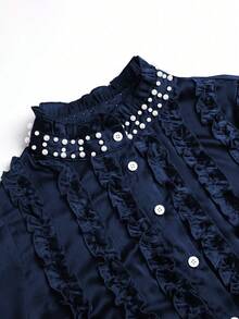 Modelyn 优雅纯色荷叶边立领长袖修身大码衬衫，春秋季 - 藏蓝色 - 查看 3