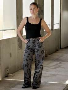 Kuleshova Women's Fashion Leopard Print Belted Casual Rhinestone Embellished Jeans - Dark Grey - View 1