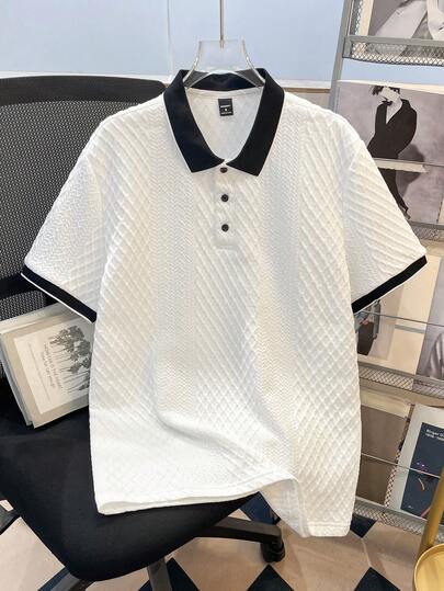 Manfinity Joysei Men's Knitted Jacquard Textured Solid Color Ribbed Collar Polo Shirt