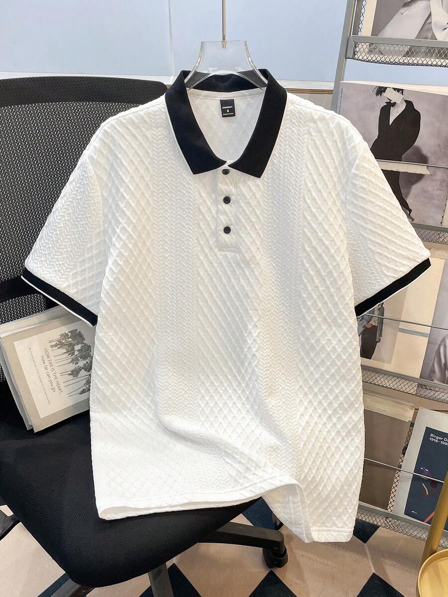 Manfinity Joysei Men's Knitted Jacquard Textured Solid Color Ribbed Collar Polo Shirt - White - View 1