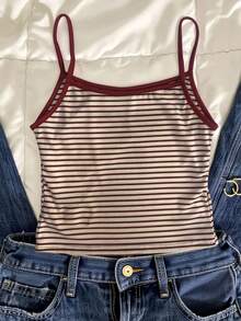 Summer Tops Tween Girl Striped Casual Versatile Camisole Squishy Bohemela Tops Girls Tops Spaghetti Strap Cami For Girls Tight Cute Aesthetic Summer Shirts Girl Bohemela Top - Red - View 2