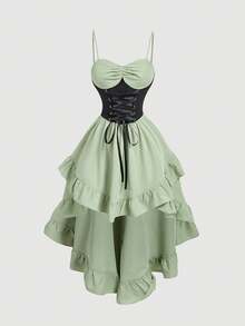 SHEIN MOD Đầm vintage nữ phối màu tương phản cổ tim, thắt dây chéo, xếp nếp, vạt bất đối xứng. - Nhiều màu - Xem 2