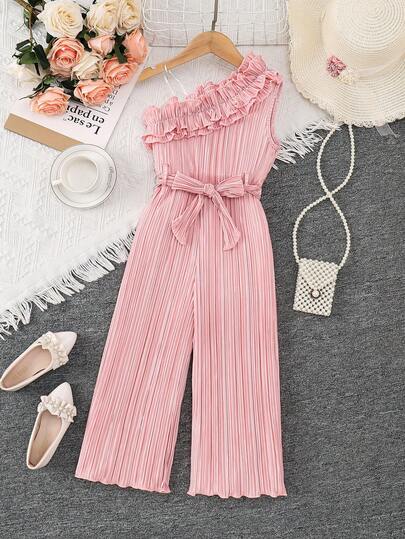 SHEIN Mono ajustado sin mangas con volantes, estilo de vacaciones para niñas 2026