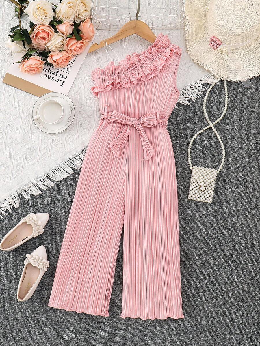 SHEIN Mono ajustado sin mangas con volantes, estilo de vacaciones para niñas 2026 - Albaricoque - Ver 1