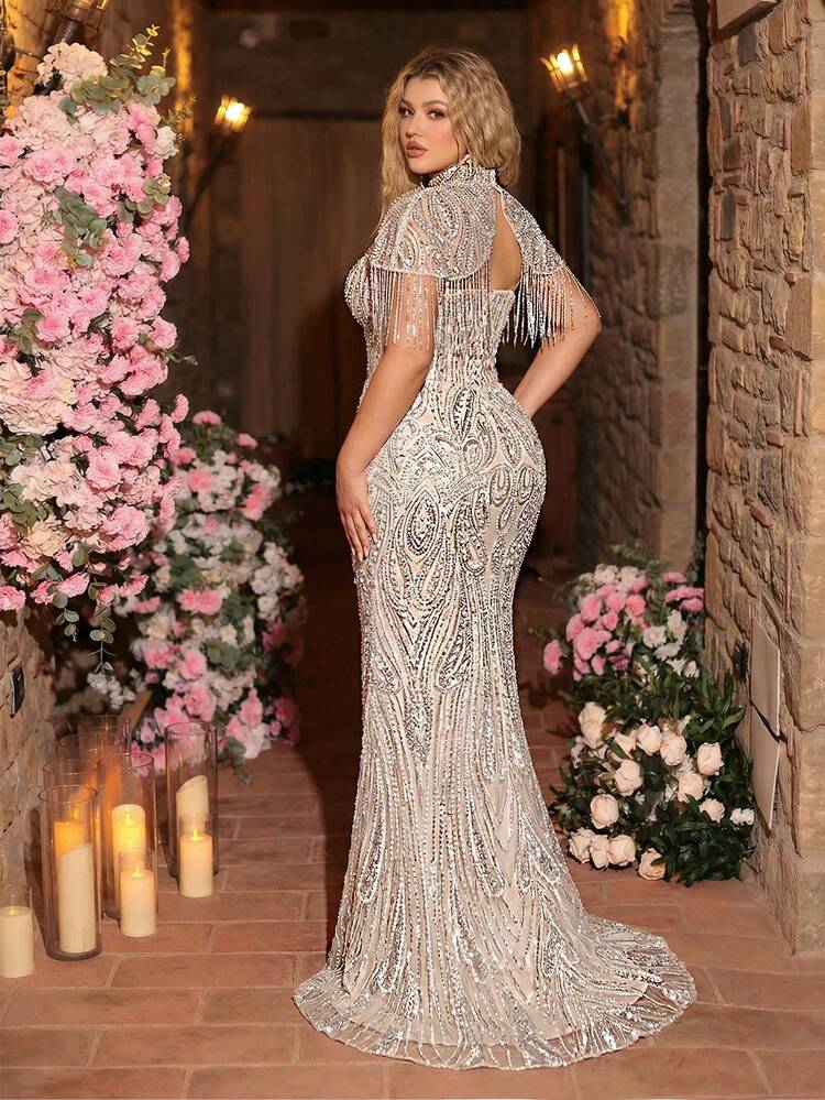 Glamrae Vestido de sirena elegante y lujoso de talla grande en color champán con cuentas y lentejuelas, con diseño de mangas con flecos, adecuado para bodas, fiestas, vacaciones, galas y eventos de etiqueta (con mucho bordado) - Champán - Añade 3