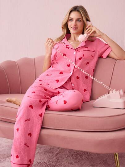 Bonmuse Women's Heart & Letter Print Pocket Collar Short Sleeve Top & Pants Pink Pajamas Set, For Valentine's Day