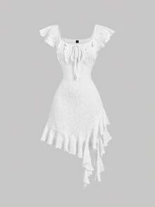 SHEIN MOD Đầm ngắn màu trắng họa tiết hoa, chất liệu jacquard, vạt bất đối xứng, xếp ly – Phong cách sang trọng, lãng mạn, mơ mộng, thích hợp cho hẹn hò, dự tiệc, trang phục mùa hè và mùa xuân cho nữ, kỳ nghỉ xuân, dạ hội, hẹn hò đêm, du lịch, dã ngoại, lễ hội, sinh nhật. - trắng - Xem 2