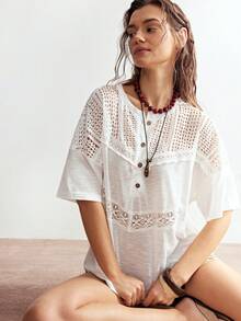 Bohemela Women's Contrast Lace Batwing Short Sleeve Button Design Casual T-Shirt - White - View 2