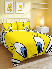 LOONEY TUNES X SHEIN 3Pc Yellow Cui Di Printed Quilt Cover Set, Sanded Material, Soft And Warm, Multiple Sizes, Suitable For Single Bed/Double Bed/Queen Bed/King Bed, Machine Washable - Grey - View 4