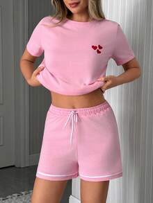 SHEIN 2 Stücke Baumwoll-Damen Schlafanzug Set mit niedlichem Herz-Muster, Kurzarm Oberteil + Shorts, bequem und gemütlich für Zuhause - Pink - Übersicht 6