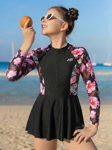 SHEIN 少女连体泳衣，休闲黑色碎花针织长袖拉链连衣裙式泳装，时尚优雅淑女风，适合游泳、夏季度假、海滩、泳池、节日派对等场合。 - 黑色 - 查看 7
