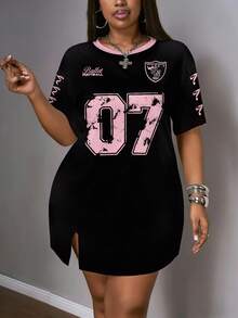 Slaydiva Casual Minimalist Round Neck 07 Number & Letter Badge Print Racing Suit, F1 Fashion Streetwear Style Plus Size Dress, Sports Uniform - Multicolor - View 3