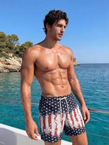Manfinity Swimmode Men's Independence Day American Flag Print Beach Shorts,Quick Dry Drawstring Swim Trunks,Blue And White Striped Summer Tropical Vacation Bathing Suit - Blue and White - View 6
