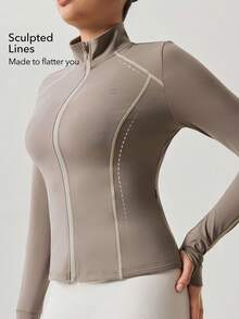 OutZeal Gym Top Women Sports Jacket Solid Color Yoga Casual Running Quick-Dry Slim Fit Stand Collar Zip Up Active Tops Summer Spring - Volcanic Gray - View 3
