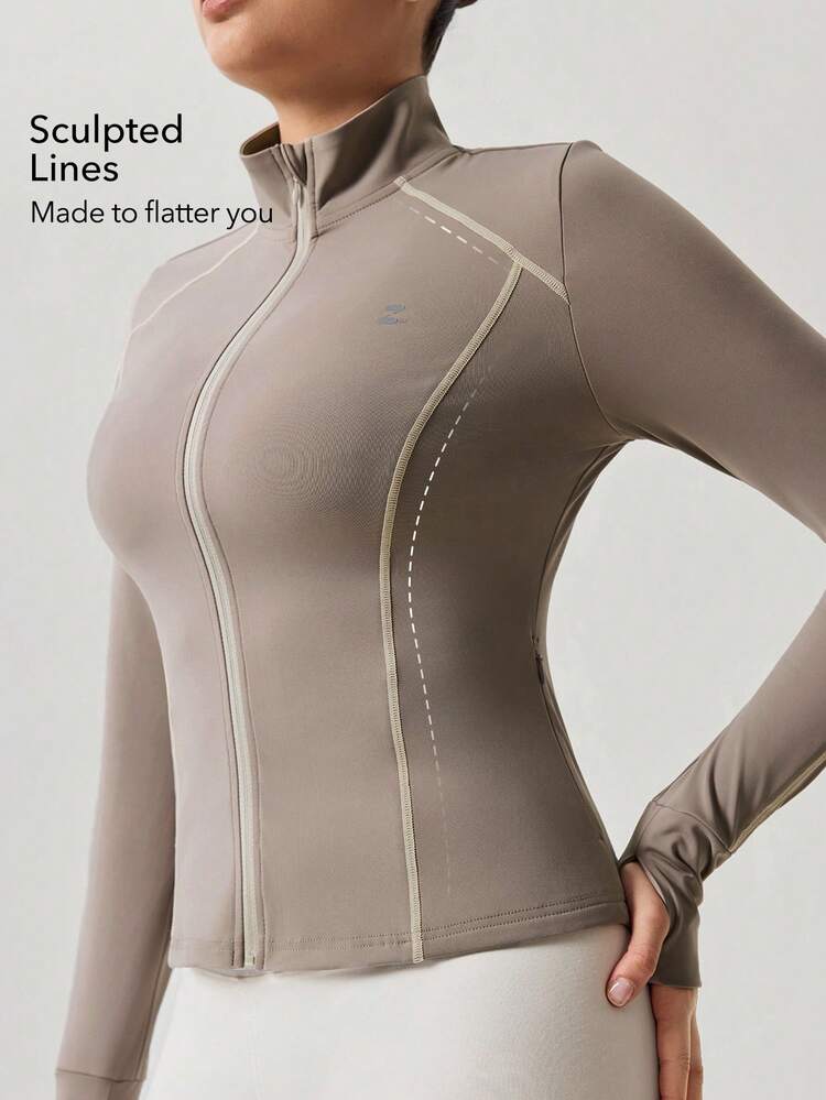 OutZeal Top de gym pour femmes Veste de sport Couleur unie Yoga Décontracté Course Séchage rapide Coupe slim Col montant Zip Hauts actifs Été Printemps - Volcanic Gray - Voir 3