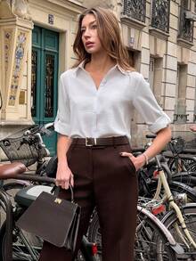 Pariaura White Pleated Texture Long Sleeve Shirt,Elegant Summer Casual French Style Button Down Tops For Holiday Occasion,Minimalist Office Commute Work Shirt - White - View 3