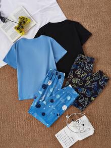 4件套幼儿男童睡衣，印有电子游戏和太空星球图案，短袖上衣和长裤家居服 - 彩色 - 查看 2