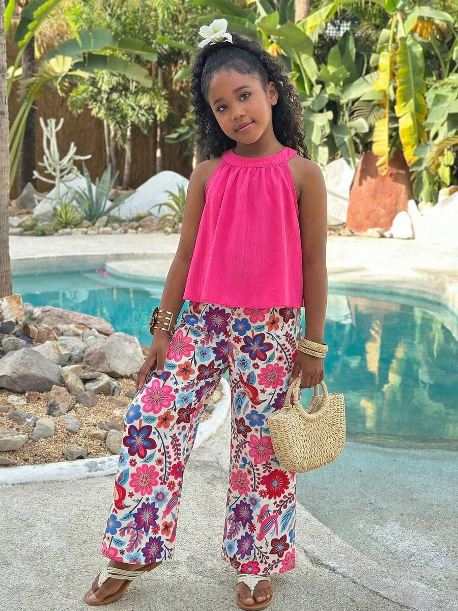 Conjunto de 2 piezas para niñas preadolescentes con camisa halter básica y pantalones holgados de 3/4 con estampado floral para vacaciones en la playa - Rosa Fucsia - Ver 1