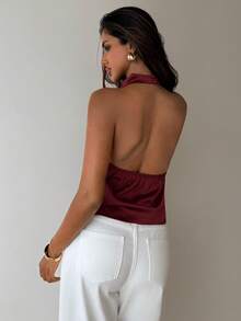 Aloruh Top rojo de cuello halter para mujer, elegante para ir al trabajo, vacaciones, con espalda sexy - Burdeos - Ver 2