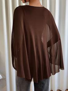 Siren Gaze 女士纯色圆领荷叶袖时尚T恤 - 棕色 - 查看 2
