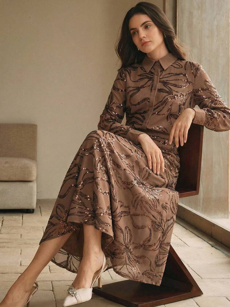 Modern And Sophisticated Women's Set: Coffee Brown Long Sleeve Embroidered Sequin Blouse And Fitted Fishtail Hem Skirt, Suitable For Work And Parties