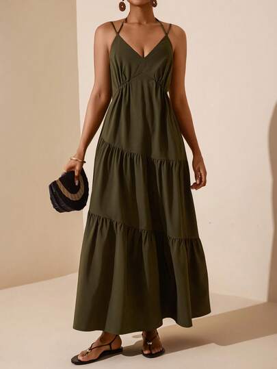Vesra 欧美女士不对称下摆V领性感露背吊带连衣裙，适合海滩度假和夏季穿着