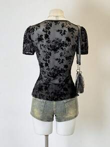 Jeanoix Sheer Sexy Flocked Floral Deep V-Neck Ruched Peplum Hem Women Blouse - Black - View 2