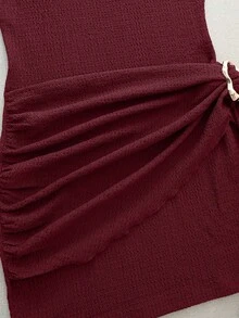 Olithes Nuevo vestido elegante y sexy de primavera/verano para citas, de cuello alto, con hebilla metálica, fruncido y sin mangas, de silueta ajustada para mujeres - Burdeos - Ver 7