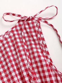 Sweetra Sweet And Cute Plaid Design Sleeveless Cinched Waist Straight Leg Jumpsuit, French Elegant Chic Spring/Summer Fashionable Style For Women - Burgundy - View 3