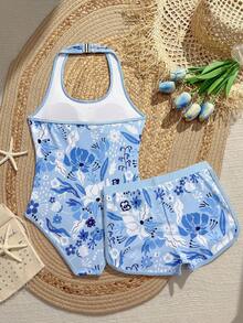 SHEIN Tween Mädchen Einteiler Badeanzug, süßer blauer Blumen-, Blatt-, Punktdruck, Strickstoff, verstellbarer Träger, einfarbige Shorts, 2 Stücke modisches, lässiges, elegantes Outfit, geeignet für Schwimmen, Sommerurlaub, Strand, Pool, Feierlichkeiten - Babyblau - Übersicht 2