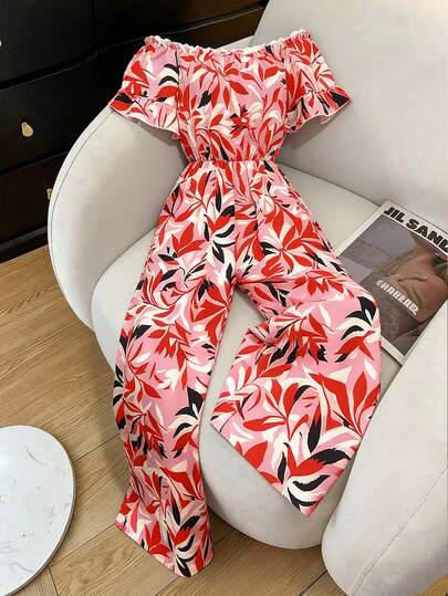 GlowEve Women's Elegant Casual Colorful Leaf Print Off-Shoulder Cinched Waist Wide Leg Jumpsuit, Spring/Summer