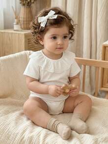 Vintaside Kids Baby Girl Summer Short Sleeve Round Neck Drip Button Simple Casual Bodysuit, Suitable For Daily Leisure, Travel, Camping - White - View 5