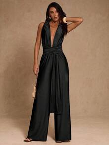 SHEIN Glamour Mono de mujer con escote en V profundo, espalda descubierta y cuello halter de moda y sexy - Negro - Ver 3