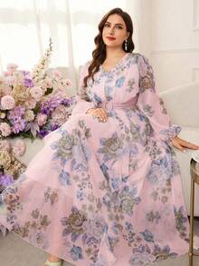 Modelyn 大码女式印花优雅收腰A字连衣裙 - 粉色 - 查看 1