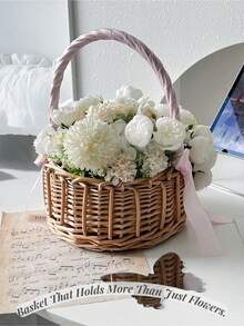 1PC Woven Hand Held Flower Basket Rattan Storage Basket With Bow Decorative Practical Floral Arrangement Container Wicker Picnic Centerpiece For Birthday Wedding Party Favor Home Decor Table Decoration Gift Giving Versatile Organizer - pink - View 5