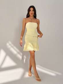SHEIN Tall Spring/Summer Solid Yellow Cream Strapless Ruched Bodycon Mini Dress With Ruffle Hem, Cute Summer Dress, Brunch Dress, Yellow Dress - Yellow - View 5