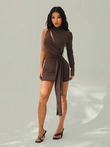 SHEIN PETITE Lowkey Demure Sexy Casual High Neck Asymmetrical One Shoulder Cut Out Sash Mini Dress - Brown - View 1